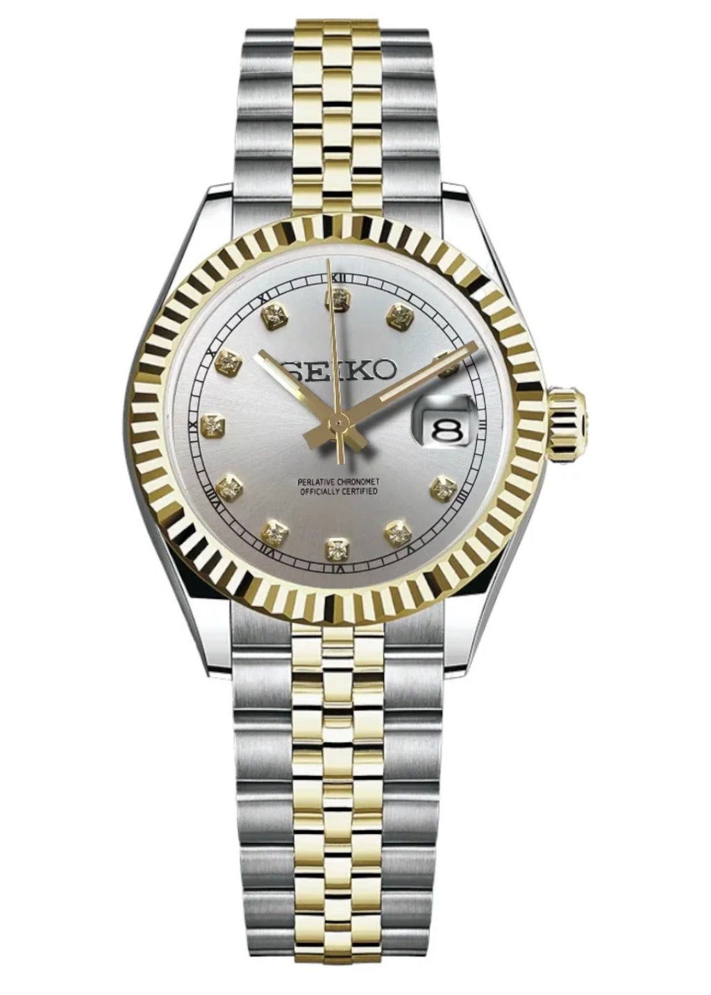 ORA Two-Tone Classic Date ladies Seiko Mod watch, champagne white dial, 31mm/36mm – dial detail close-up