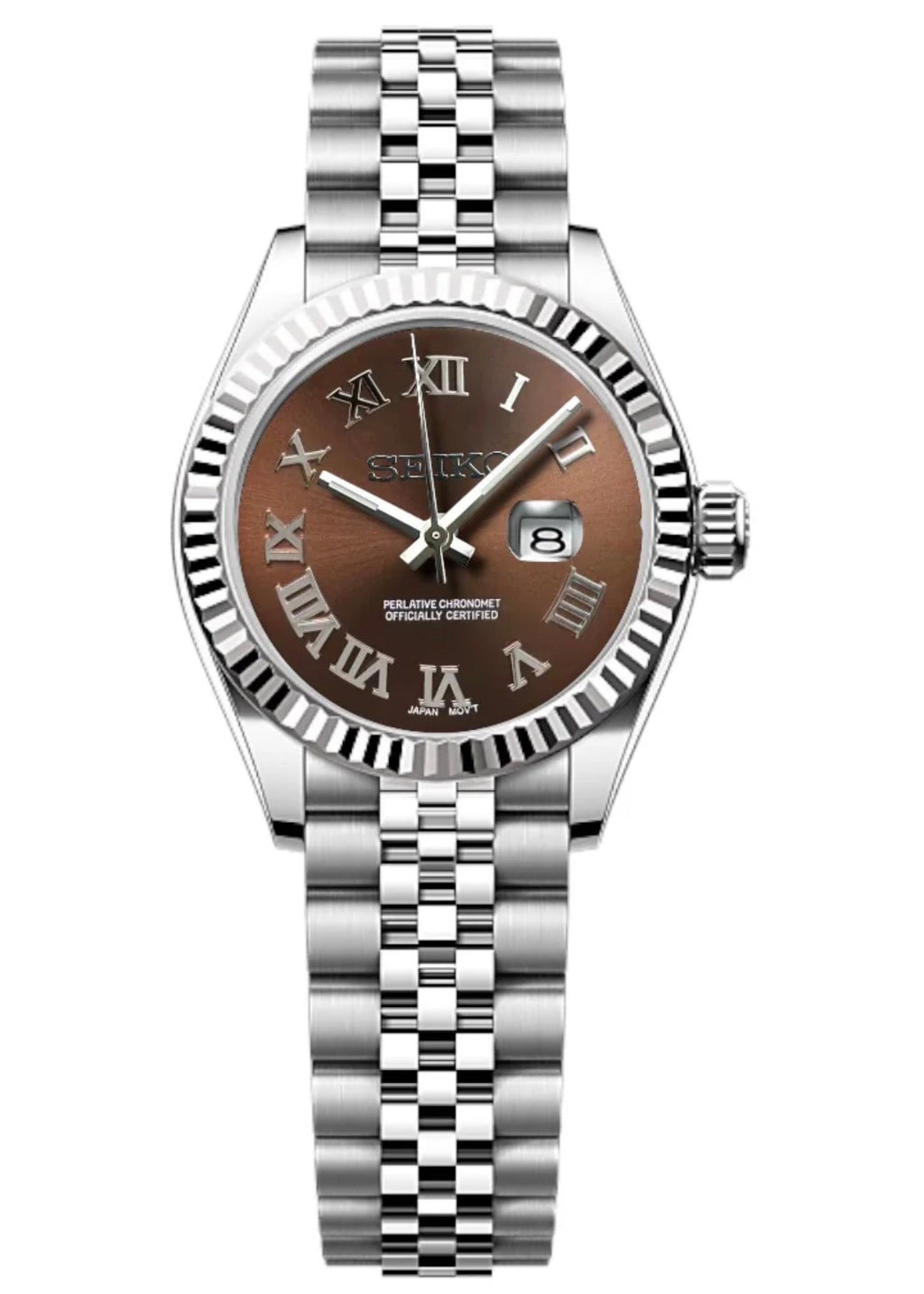 ORA Steel Classic Date ladies Seiko Mod watch, chocolate brown dial, fluted bezel, Roman numerals, 31mm/36mm – dial detail close-up