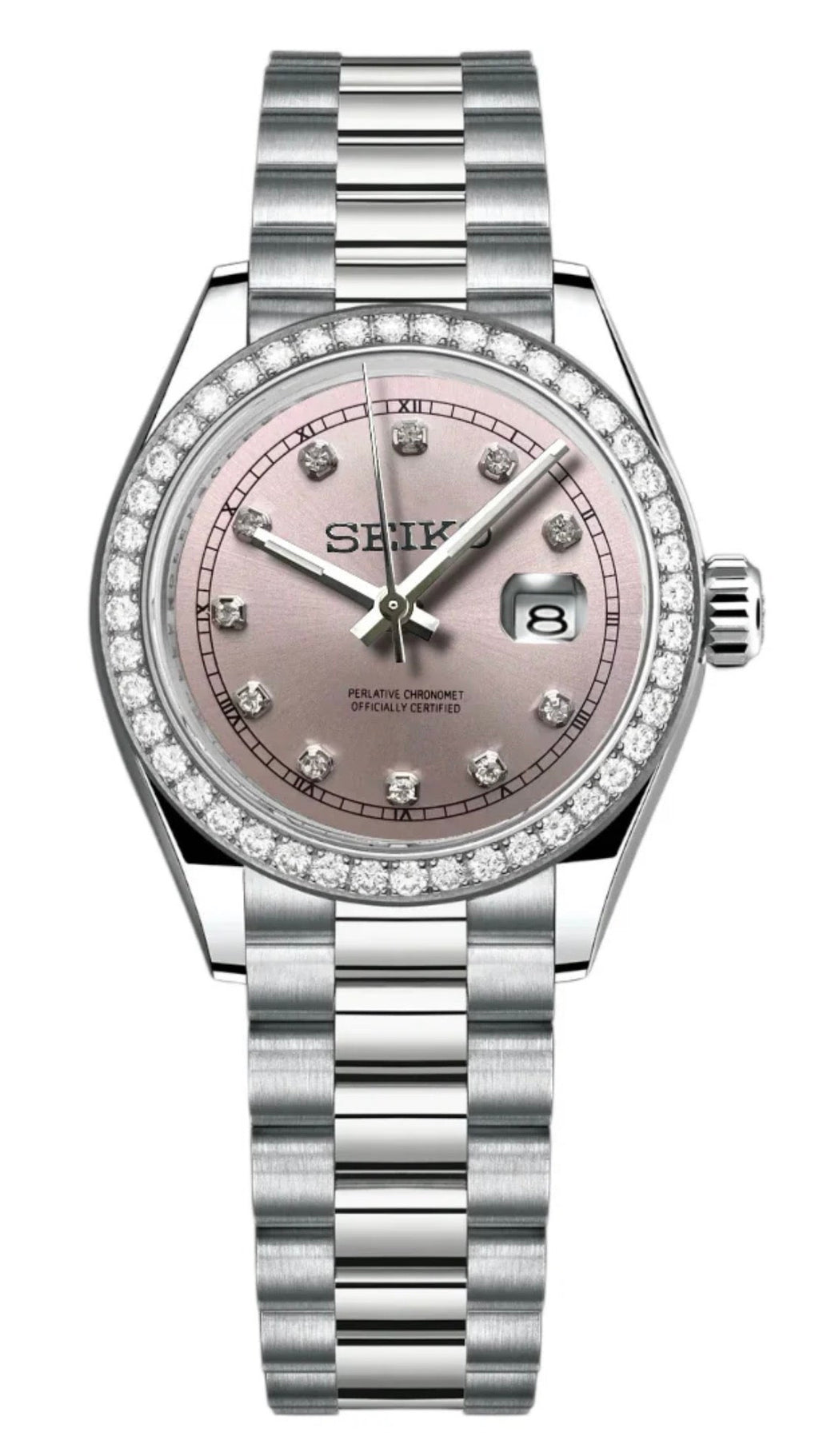ORA Steel Datejust ladies Seiko Mod watch, pink dial, diamond bezel, Roman numerals, 31mm/36mm – dial detail close-up