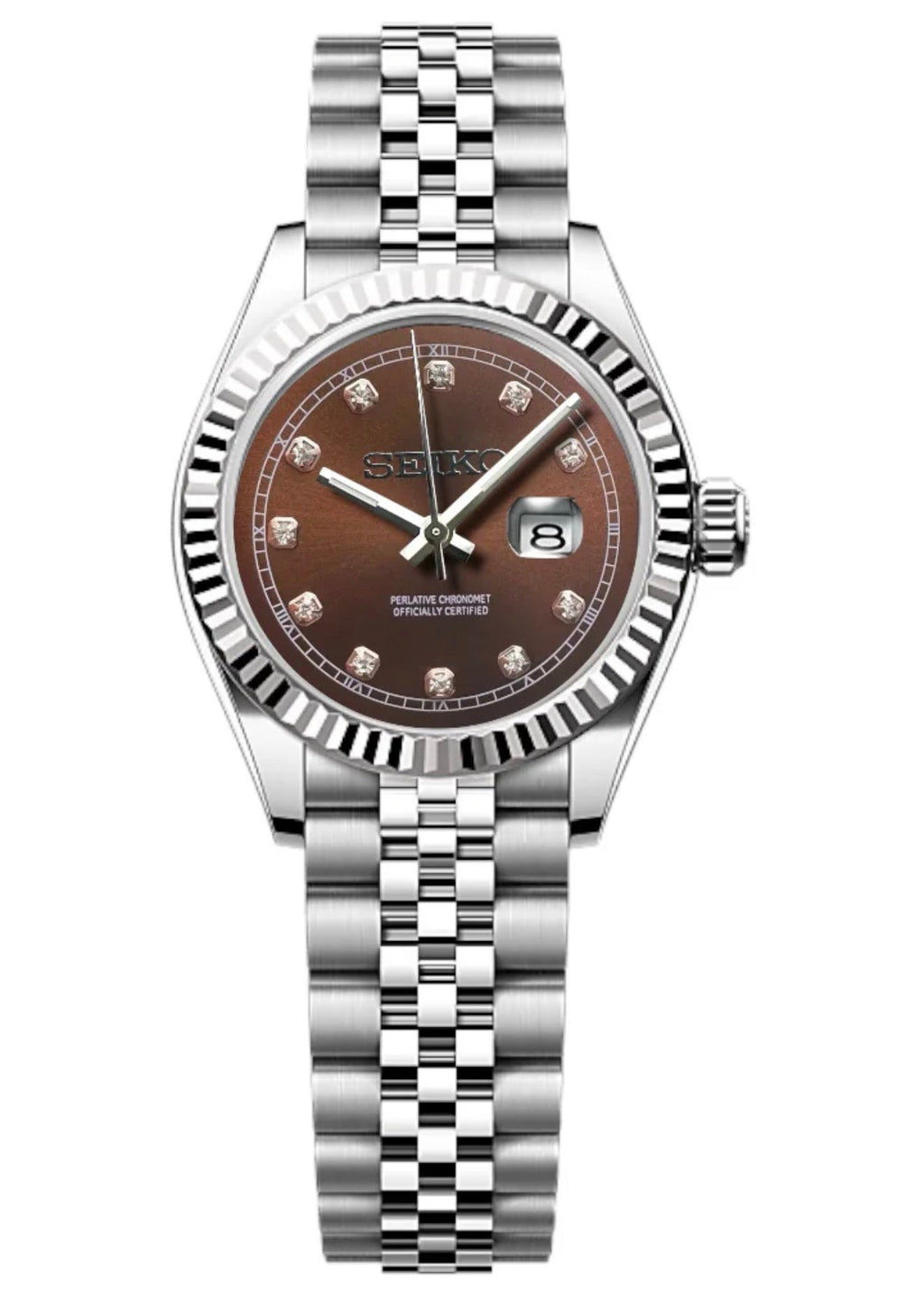 ORA Steel Classic Date ladies Seiko Mod watch, chocolate brown dial, diamond hour markers, fluted bezel, 31mm/36mm – dial detail close-up