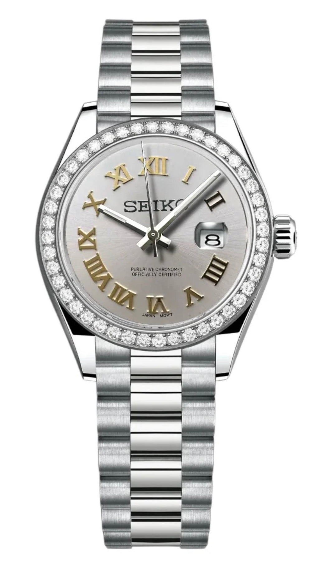ORA Steel Datejust ladies Seiko Mod watch, silver white dial, diamond bezel, diamond hour markers, 31mm/36mm – dial detail close-up