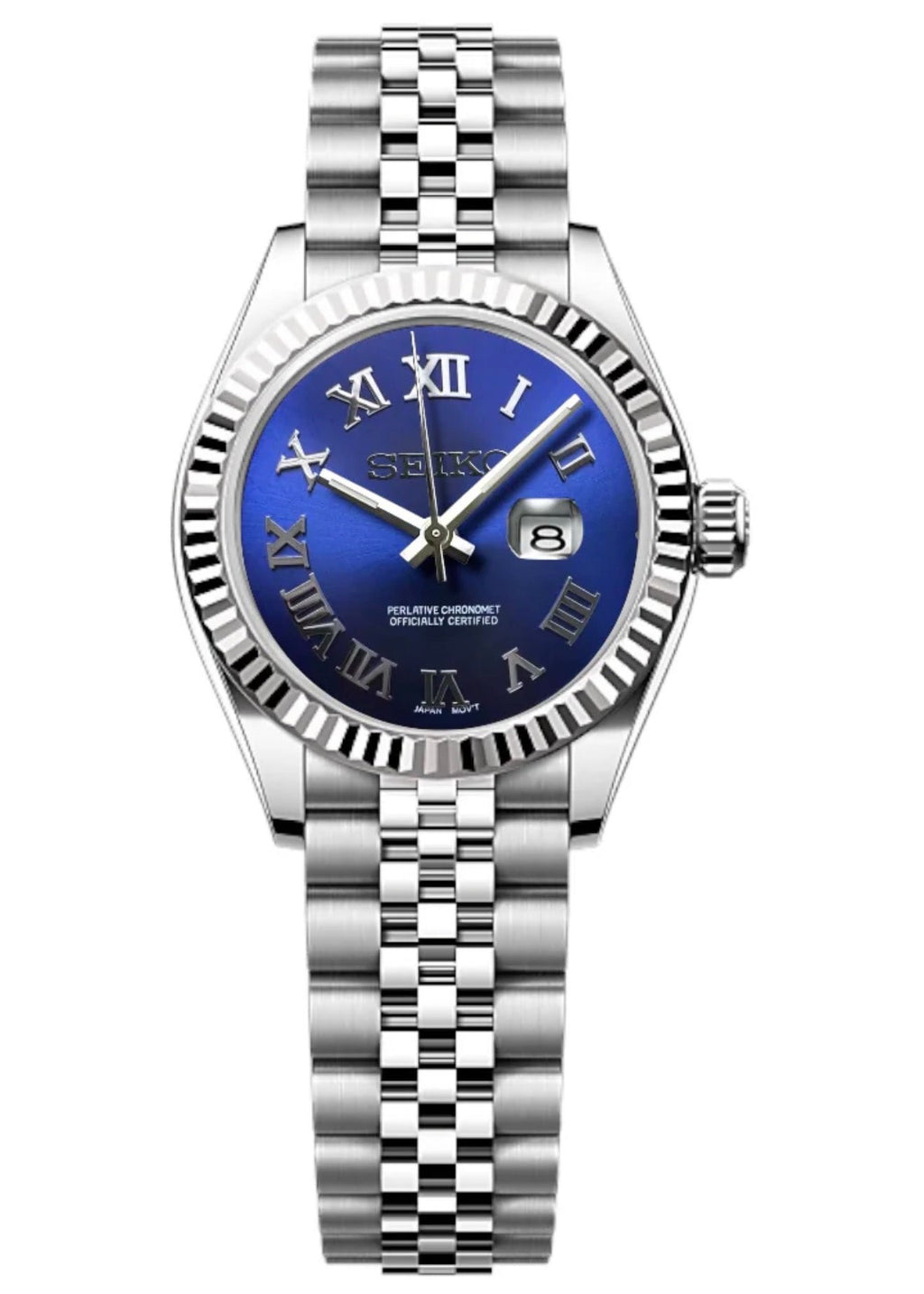 ORA Steel Classic Date ladies Seiko Mod watch, deep blue dial, fluted bezel, Roman numerals, 31mm/36mm – dial detail close-up