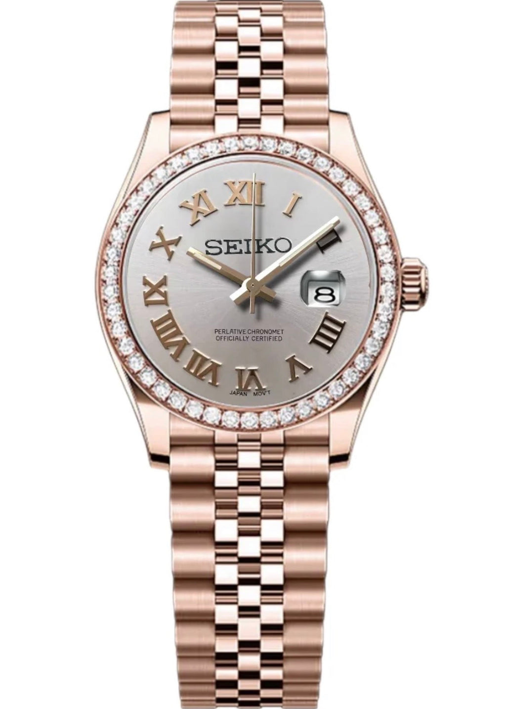 ORA Rose Gold Datejust ladies Seiko Mod watch, white dial, diamond bezel, Roman numerals, 31mm/36mm – dial detail close-up
