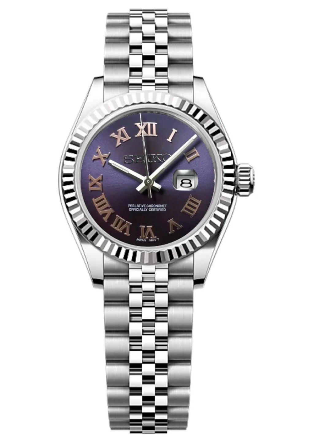 ORA Steel Classic Date ladies Seiko Mod watch, purple dial, fluted bezel, Roman numerals, 31mm/36mm – dial detail close-up