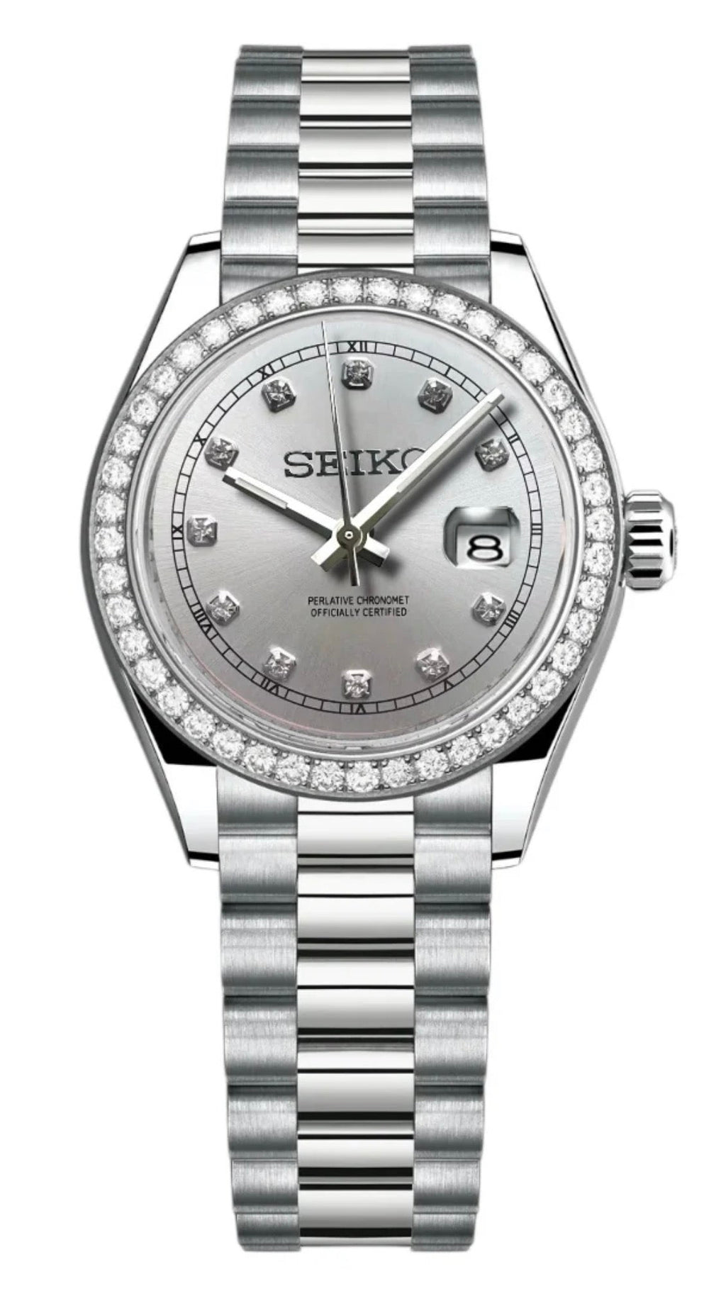 ORA Steel Datejust ladies Seiko Mod watch, silver white dial, diamond bezel, diamond hour markers, 31mm/36mm – dial detail close-up