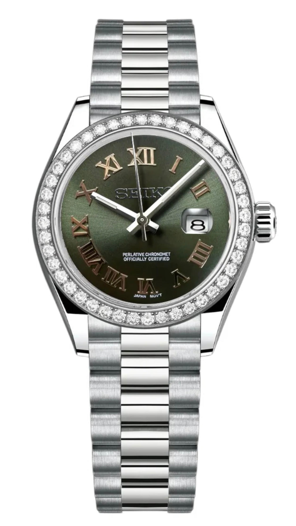 ORA Steel Datejust ladies Seiko Mod watch, olive green dial, diamond bezel, Roman numerals, 31mm/36mm – dial detail close-up