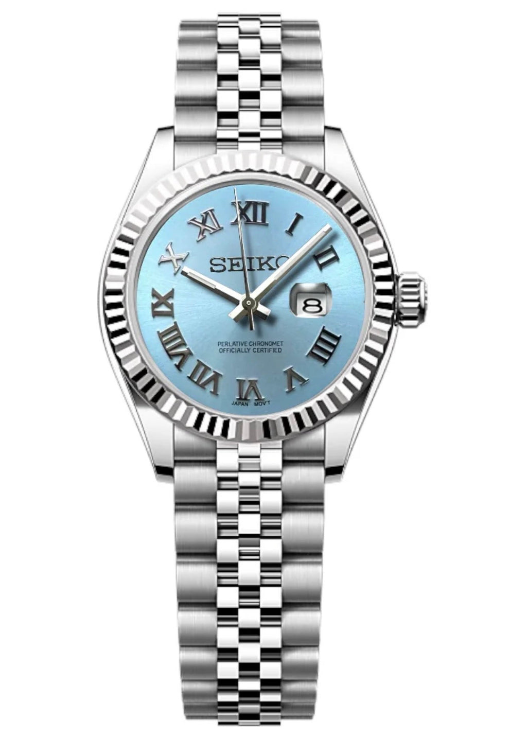 ORA Steel Classic Date ladies Seiko Mod watch, Light Blue dial, 31mm/36mm – dial detail close-up