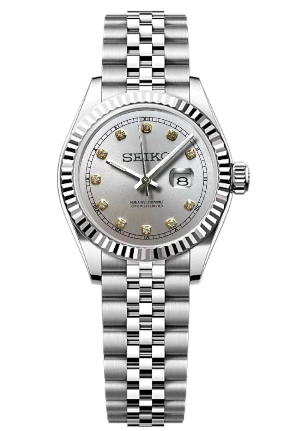 ORA Steel Classic Date ladies Seiko Mod watch, white dial, diamond hour markers, fluted bezel, 31mm/36mm – dial detail close-up