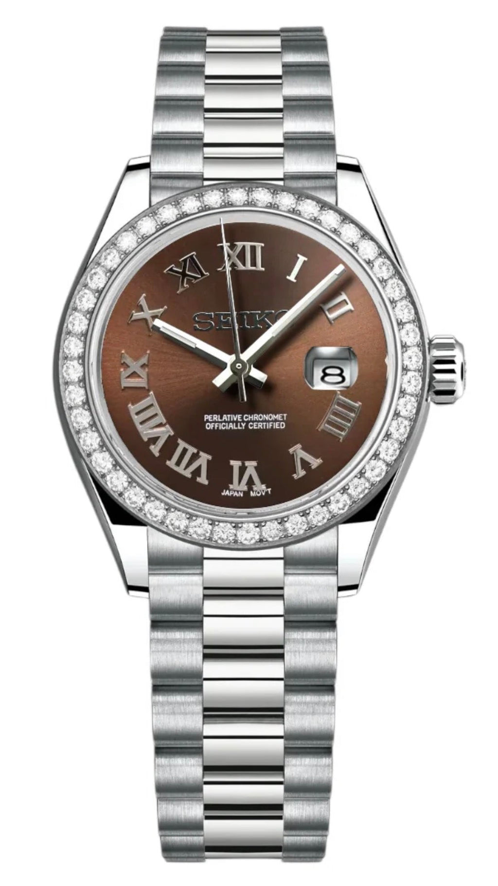 ORA Steel Datejust ladies Seiko Mod watch, chocolate brown dial, diamond bezel, Roman numerals, 31mm/36mm – dial detail close-up