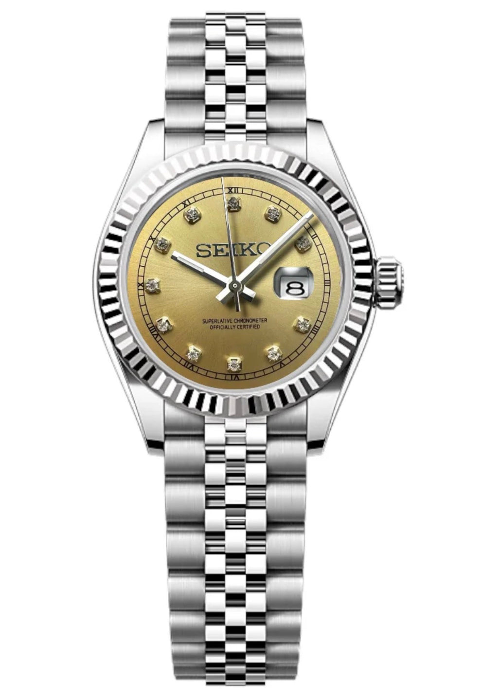 ORA Steel Classic Date ladies Seiko Mod watch, gold dial, diamond hour markers, fluted bezel, 31mm/36mm – dial detail close-up