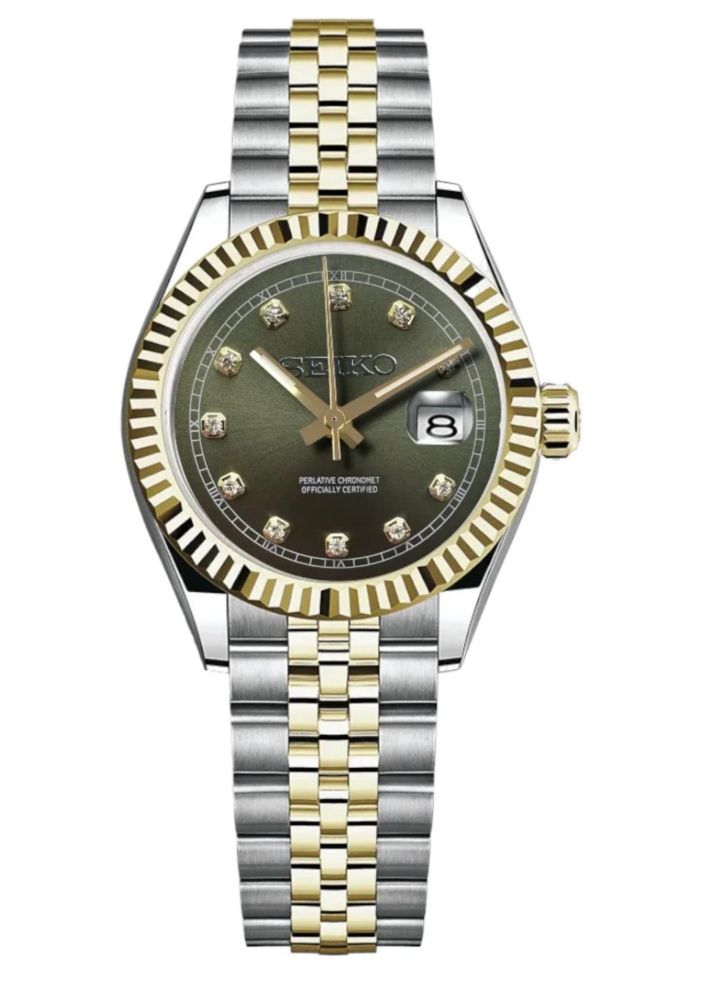 ORA Two-Tone Classic Date ladies Seiko Mod watch, Green dial, 31mm/36mm – dial detail close-up