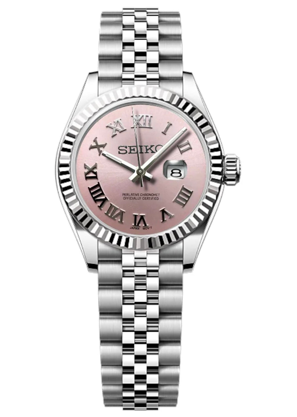 ORA Steel Classic Date ladies Seiko Mod watch, pink dial, fluted bezel, Roman numerals, 31mm/36mm – dial detail close-up