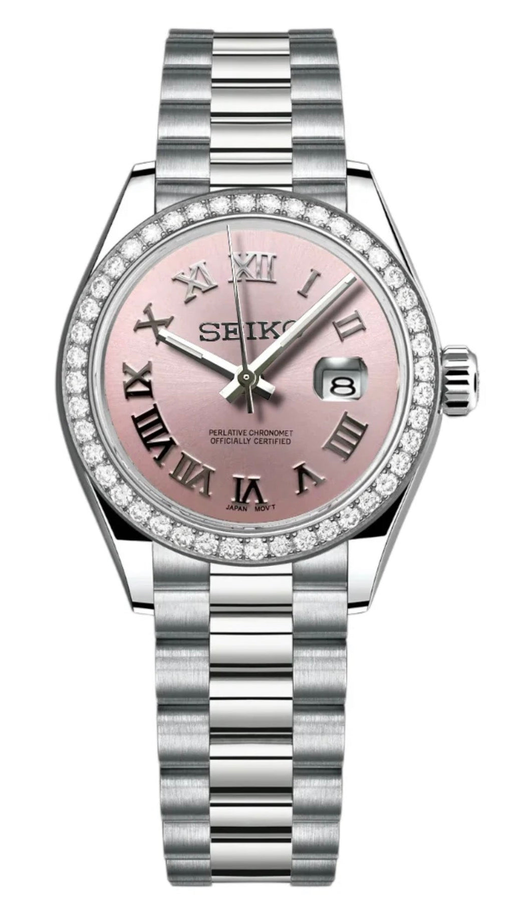 ORA Steel Classic Date ladies Seiko Mod watch, pink dial, diamond bezel and diamond hour markers, 31mm/36mm – dial detail close-up