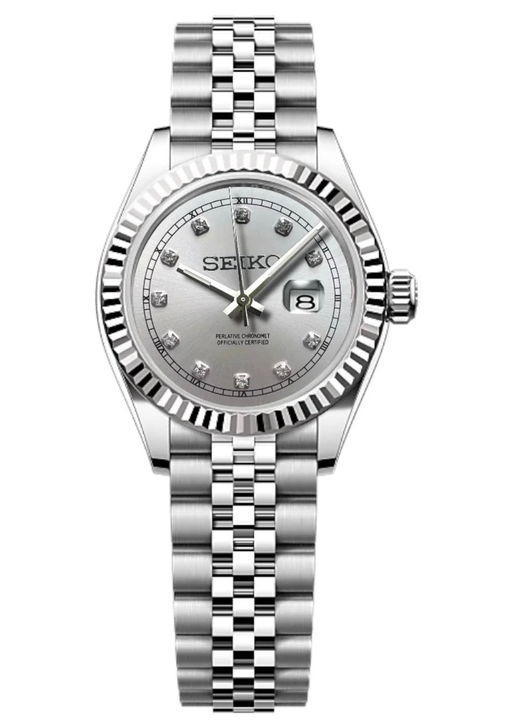 ORA Steel Classic Date ladies Seiko Mod watch, silver dial, diamond hour markers, fluted bezel, 31mm/36mm – dial detail close-up