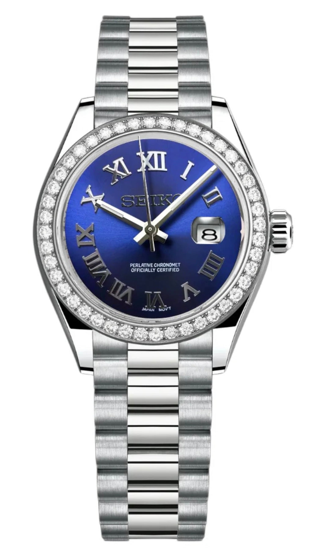 ORA Steel Datejust ladies Seiko Mod watch, blue dial, diamond bezel, Roman numerals, 31mm/36mm – dial detail close-up