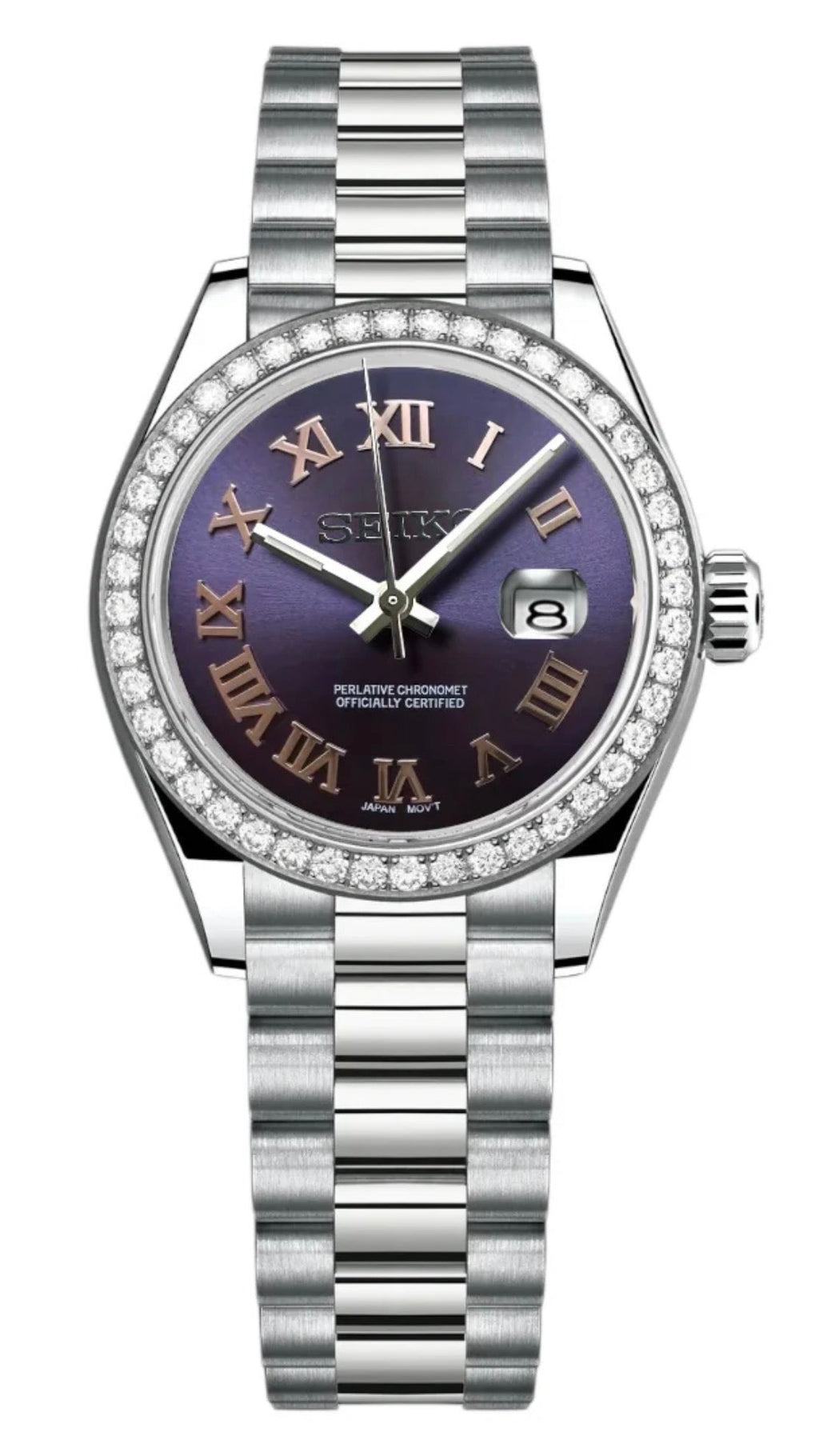 ORA Steel Datejust ladies Seiko Mod watch, purple dial, diamond bezel, Roman numerals, 31mm/36mm – dial detail close-up