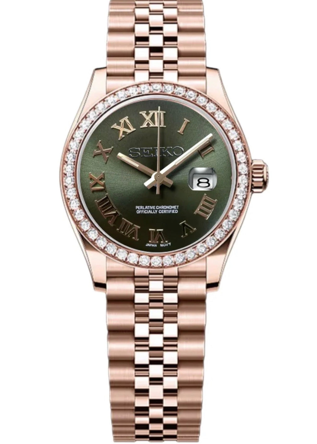 ORA Rose Gold Datejust ladies Seiko Mod watch, olive green dial, diamond bezel, Roman numerals, 31mm/36mm – dial detail close-up