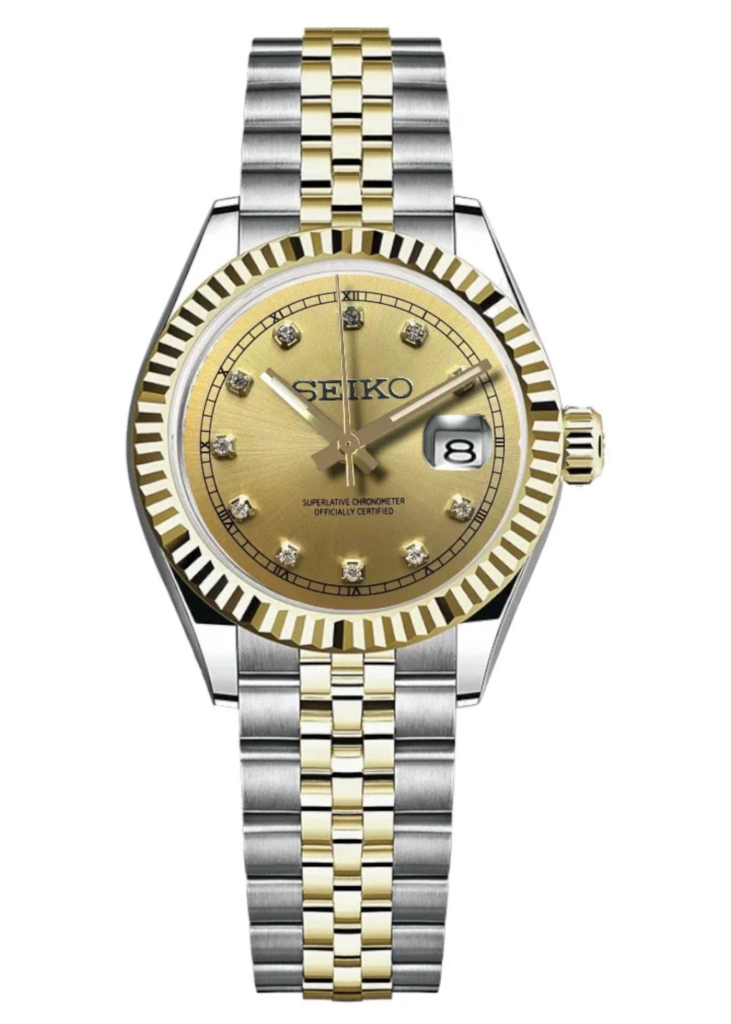 ORA Two-Tone Classic Date ladies Seiko Mod watch, Gold dial, 31mm/36mm – dial detail close-up