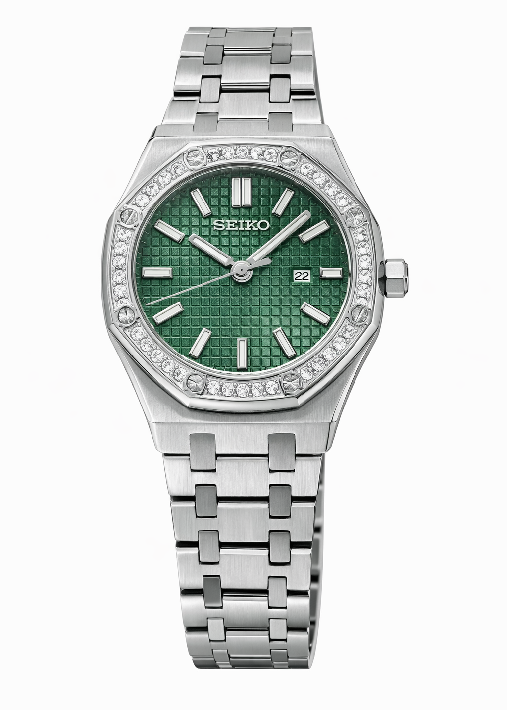 ORA Steel Royal Oak-style ladies Seiko Mod watch, green dial, diamond bezel, octagonal case, 34mm – dial detail close-up