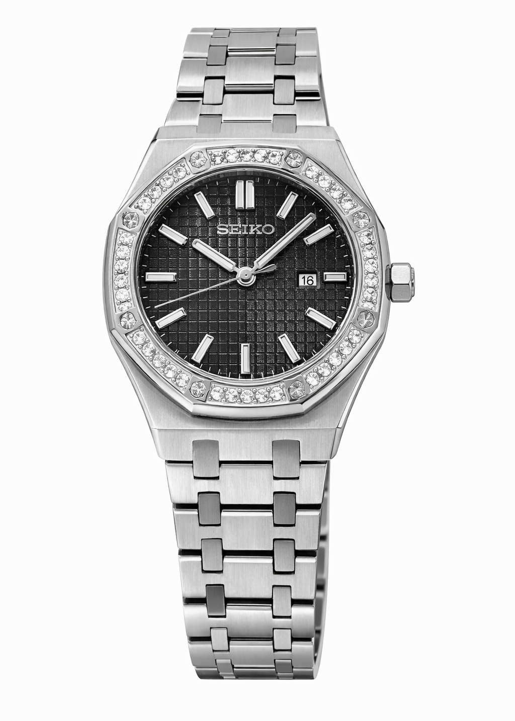 ORA Steel Royal Oak-style ladies Seiko Mod watch, black dial, diamond bezel, octagonal case, 34mm – dial detail close-up