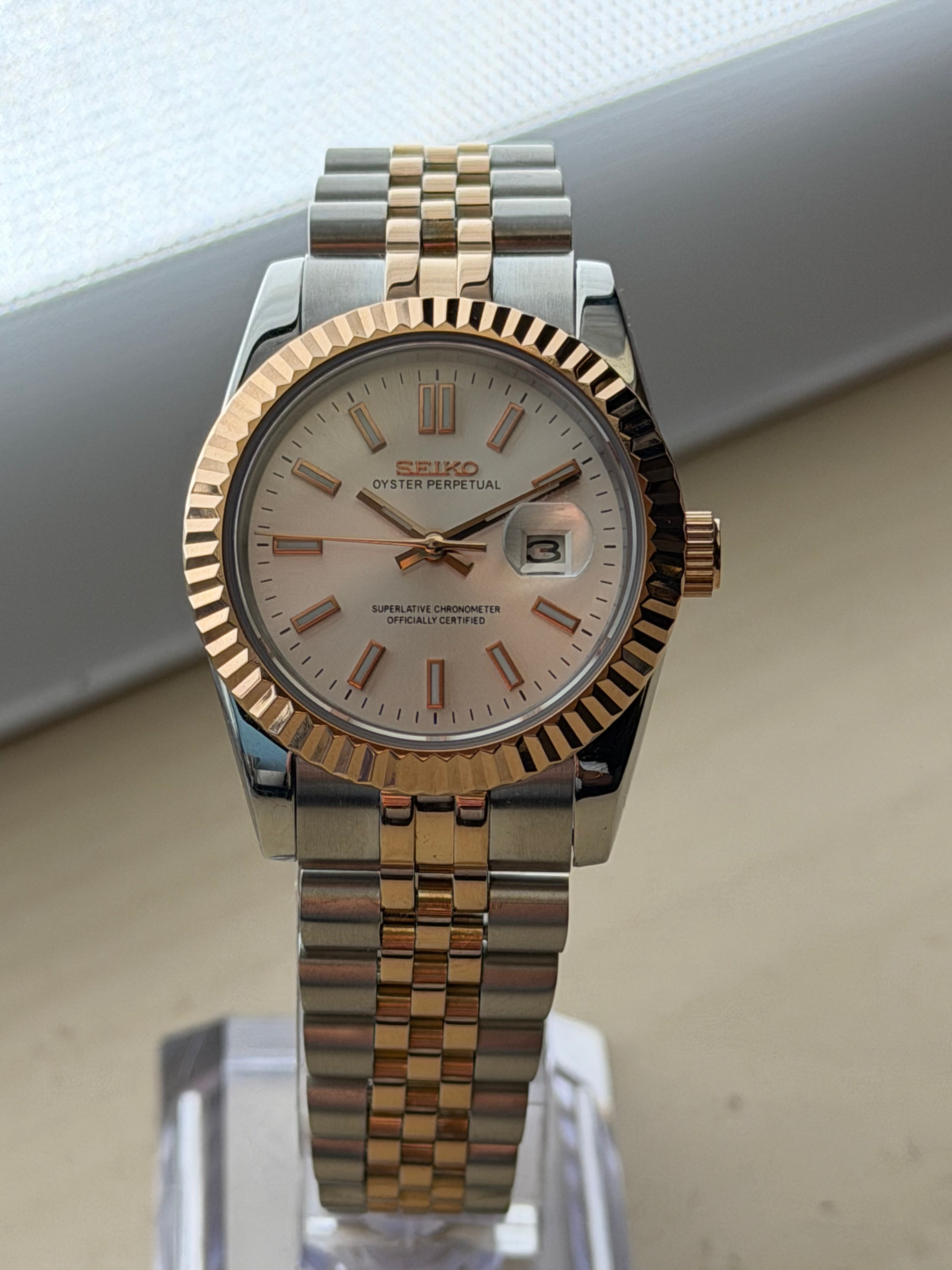 ORA Two-Tone Rose Gold Datejust ladies Seiko Mod watch, silver dial, fluted bezel, 31mm/36mm – front view