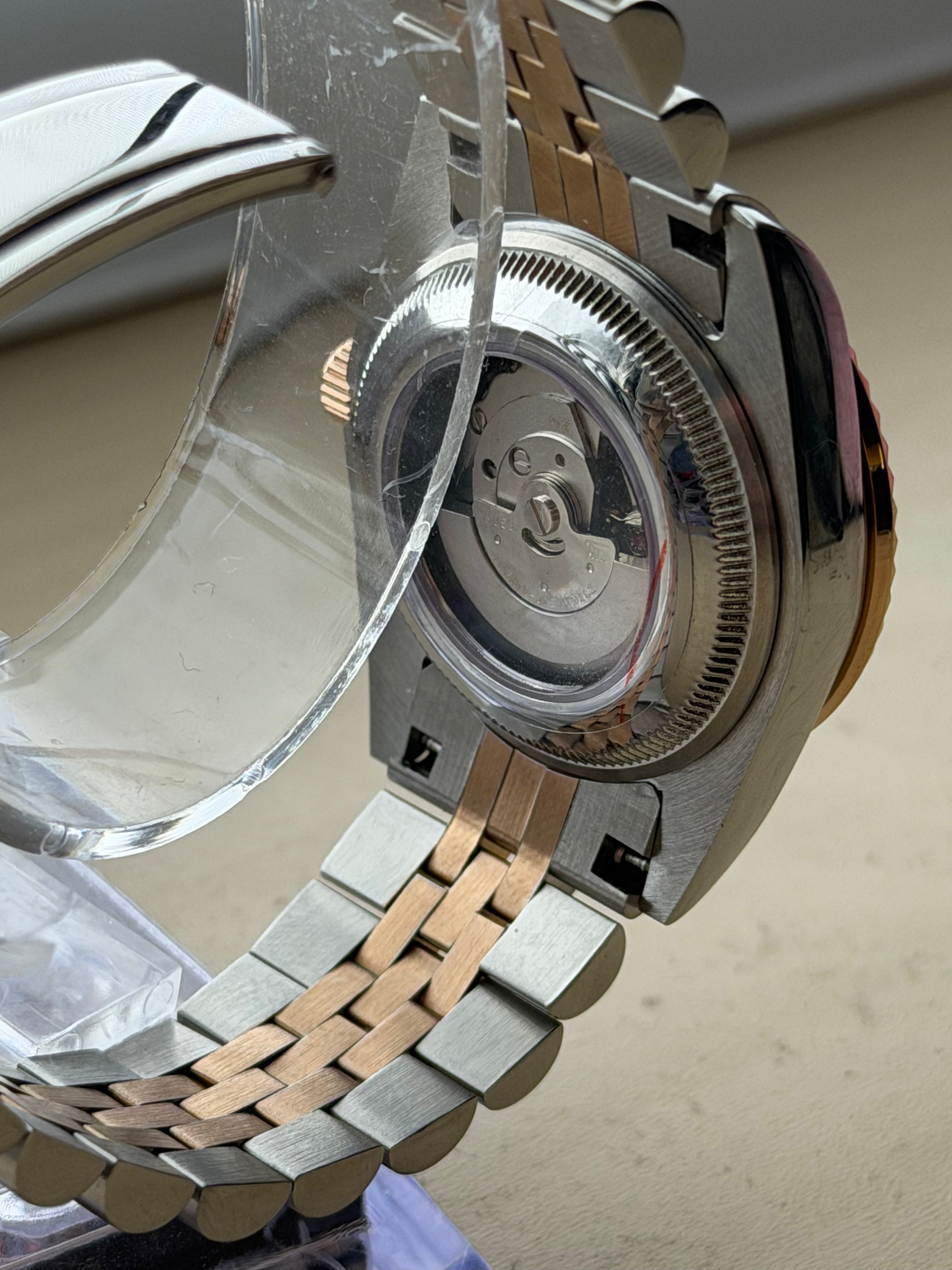 ORA Two-Tone Rose Gold Datejust ladies Seiko Mod watch, silver dial, fluted bezel, 31mm/36mm – side profile
