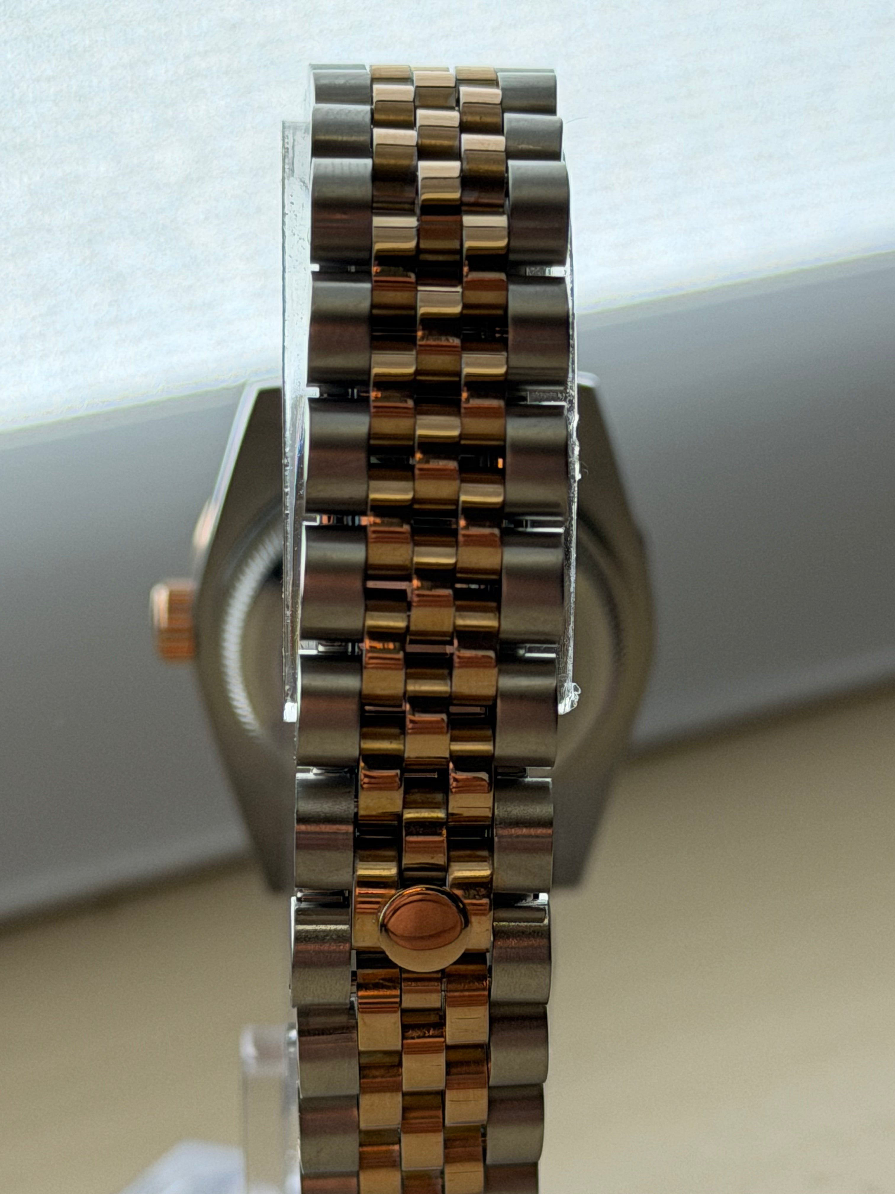 ORA Two-Tone Rose Gold Datejust ladies Seiko Mod watch, chocolate brown dial, diamond bezel, 31mm/36mm – case back detail