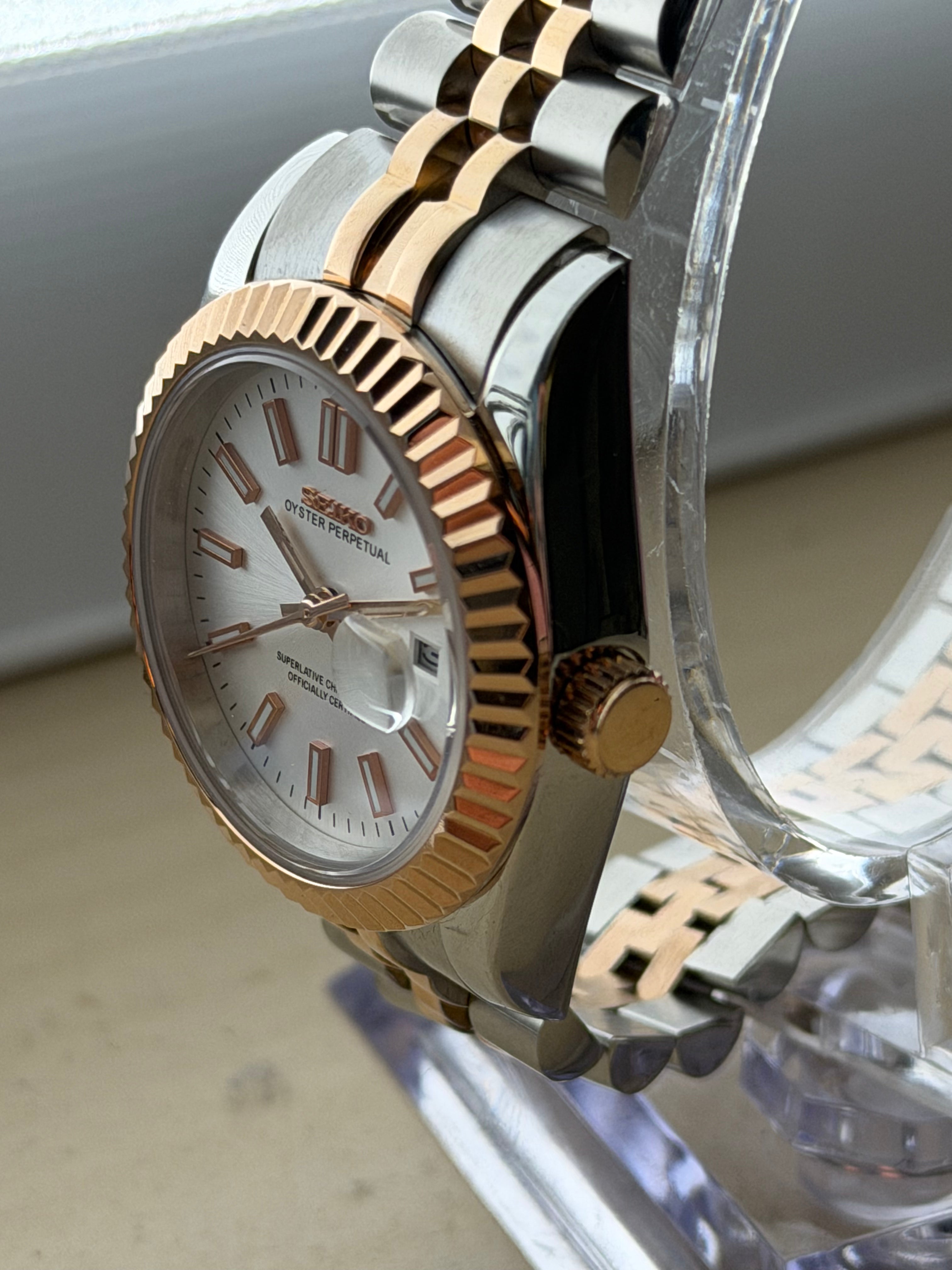 ORA Two-Tone Rose Gold Datejust ladies Seiko Mod watch, silver dial, fluted bezel, 31mm/36mm – case back detail