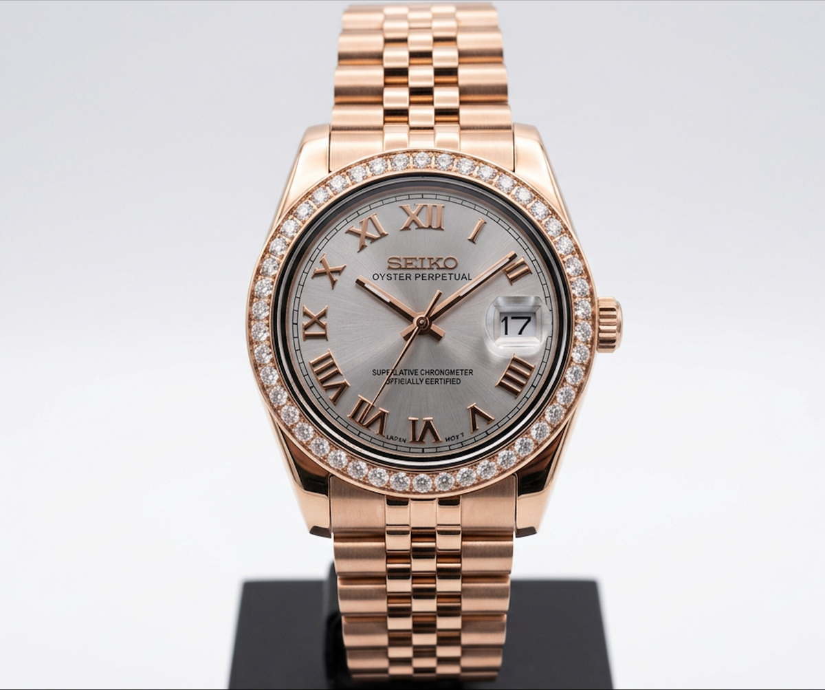 ORA Rose Gold Classic Date ladies Seiko Mod watch, white dial, diamond bezel, 31mm/36mm