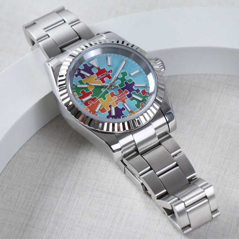 ORA Oyster Perpetual-style Seiko Mod watch, faceted puzzle dial, fluted bezel, stainless steel, 36mm – front view