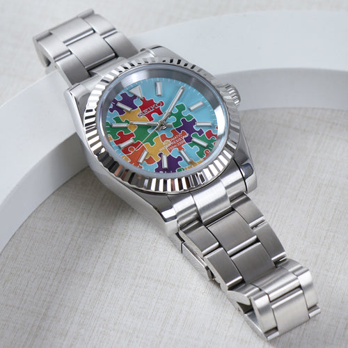 ORA Oyster Perpetual-style Seiko Mod watch, faceted puzzle dial, fluted bezel, stainless steel, 36mm – front view