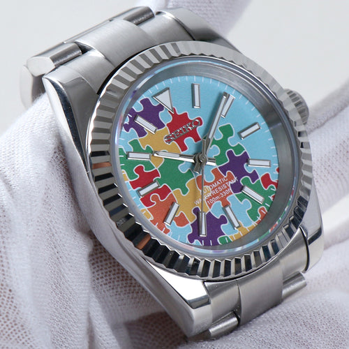 ORA Oyster Perpetual-style Seiko Mod watch, faceted puzzle dial, fluted bezel, stainless steel, 36mm – dial detail close-up