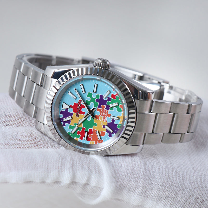 ORA Oyster Perpetual-style Seiko Mod watch, faceted puzzle dial, fluted bezel, stainless steel, 36mm – worn on the wrist