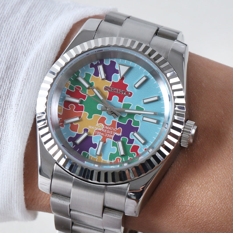 ORA Oyster Perpetual-style Seiko Mod watch, faceted puzzle dial, fluted bezel, stainless steel, 36mm – case back detail