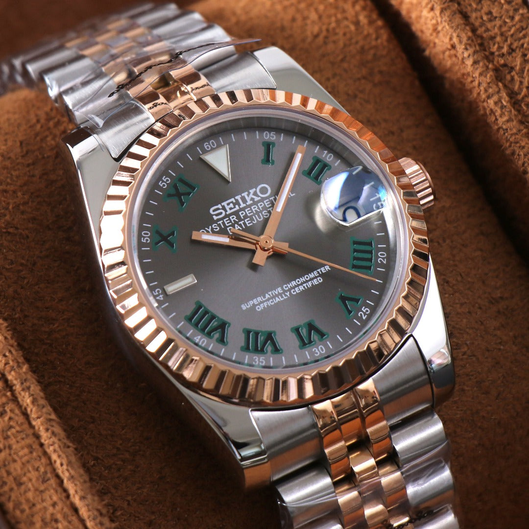 ORA Two-Tone Datejust Seiko Mod watch, green Wimbledon dial, checkered minute track, 36mm/39mm – front view