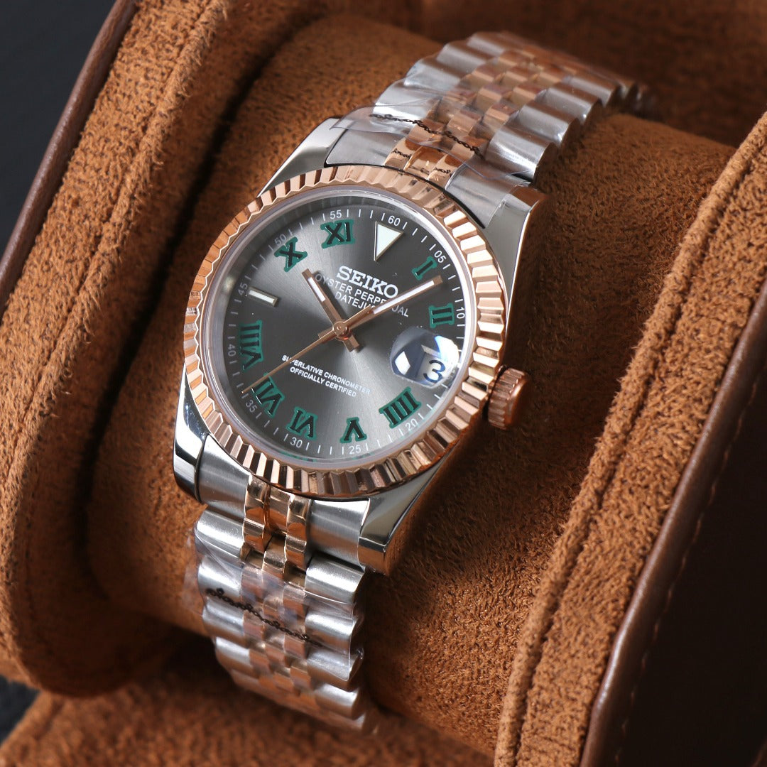 ORA Two-Tone Datejust Seiko Mod watch, green Wimbledon dial, checkered minute track, 36mm/39mm – dial detail close-up