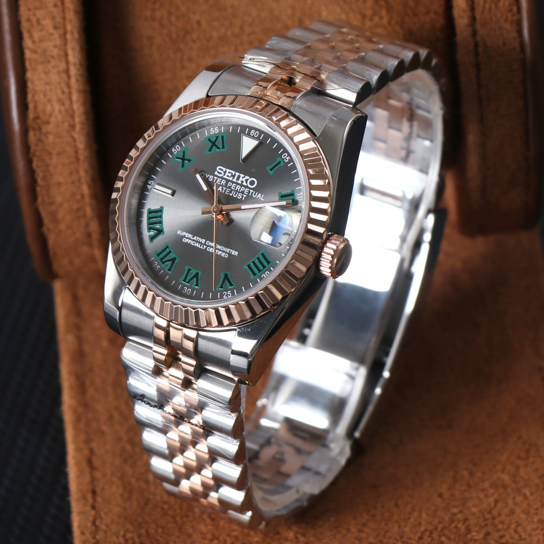 ORA Two-Tone Datejust Seiko Mod watch, green Wimbledon dial, checkered minute track, 36mm/39mm – case back detail