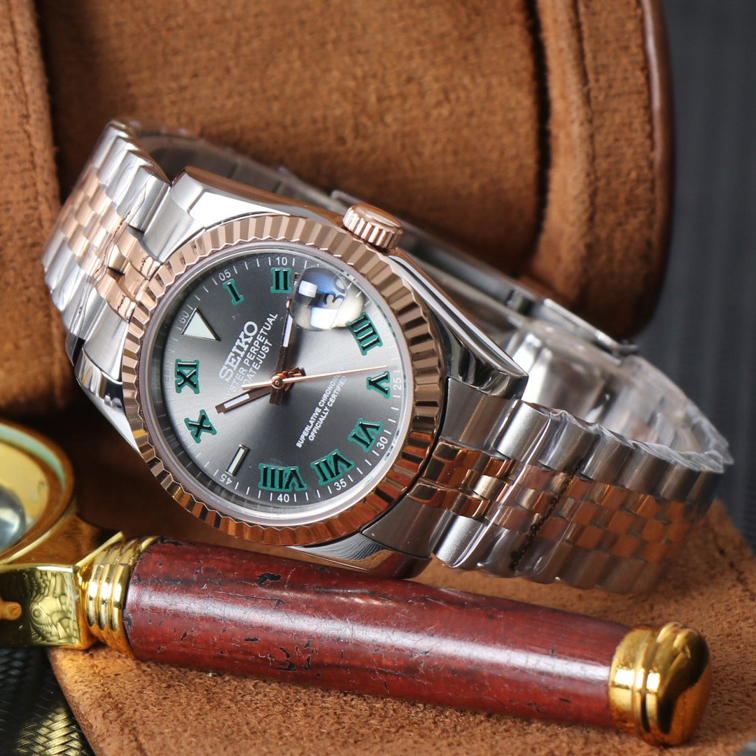 ORA Two-Tone Datejust Seiko Mod watch, green Wimbledon dial, checkered minute track, 36mm/39mm – worn on the wrist