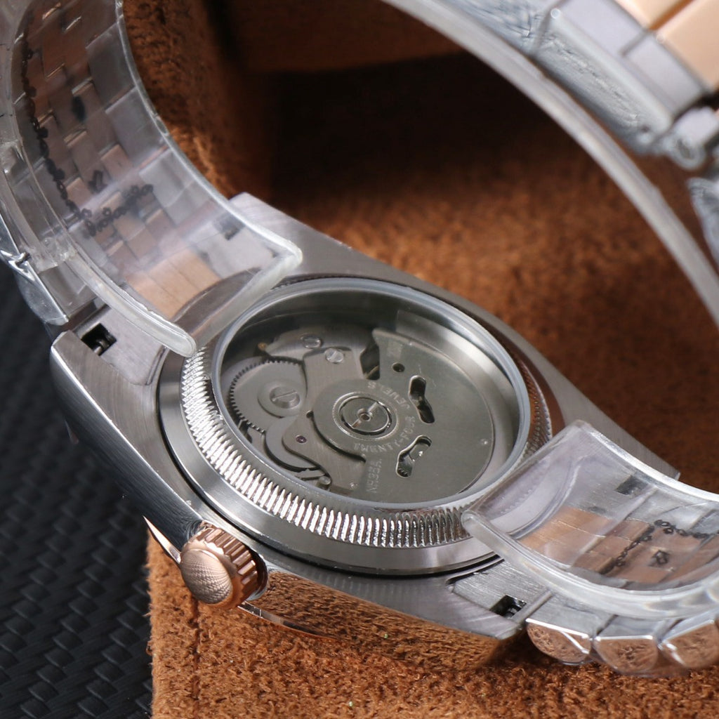 ORA Two-Tone Datejust Seiko Mod watch, green Wimbledon dial, checkered minute track, 36mm/39mm – product photography