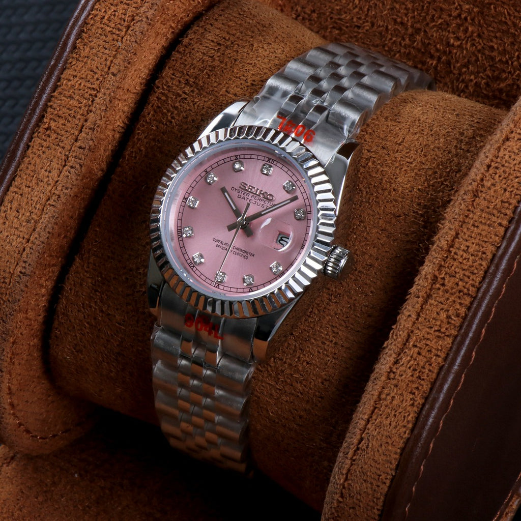 ORA Steel Classic Date ladies Seiko Mod watch, pink dial, diamond hour markers, fluted bezel, 31mm/36mm – worn on the wrist