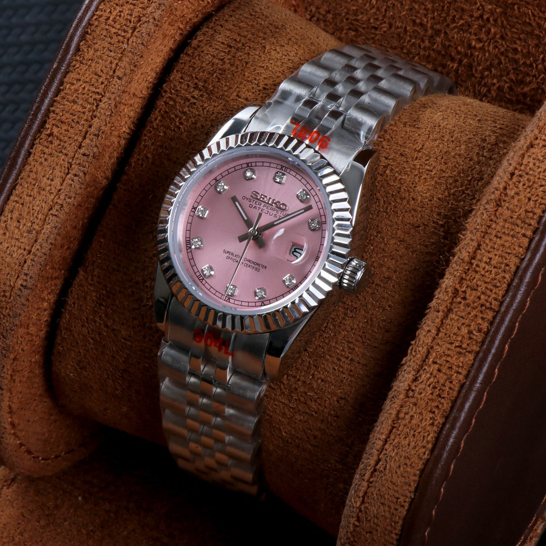 ORA Steel Classic Date ladies Seiko Mod watch, pink dial, diamond hour markers, fluted bezel, 31mm/36mm – worn on the wrist