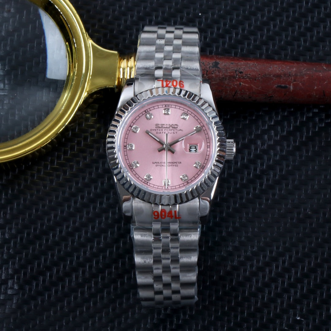 ORA Steel Classic Date ladies Seiko Mod watch, pink dial, diamond hour markers, fluted bezel, 31mm/36mm – case back detail