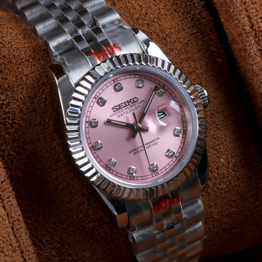 ORA Steel Classic Date ladies Seiko Mod watch, pink dial, diamond hour markers, fluted bezel, 31mm/36mm – front view