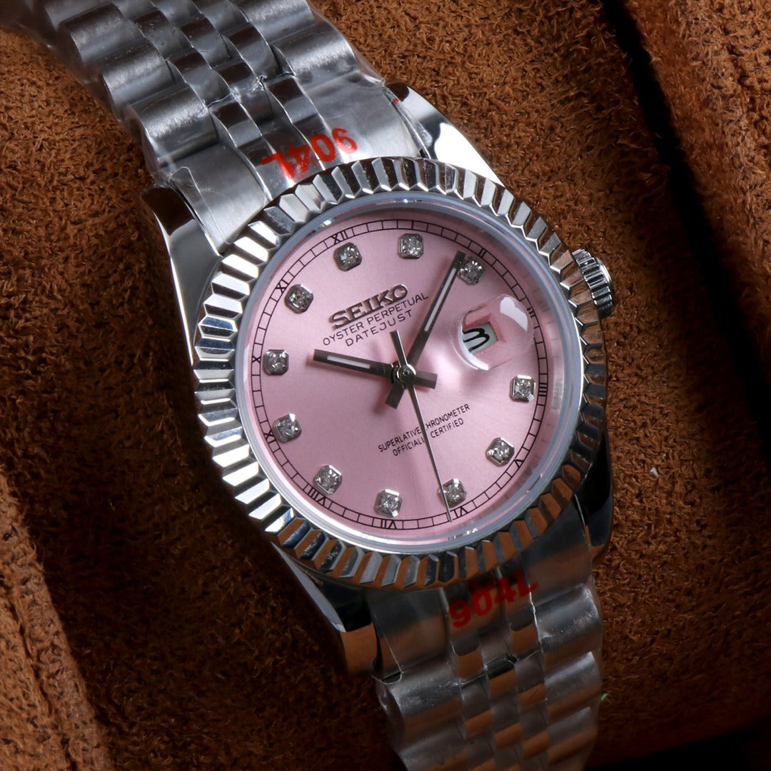 ORA Steel Classic Date ladies Seiko Mod watch, pink dial, diamond hour markers, fluted bezel, 31mm/36mm – front view