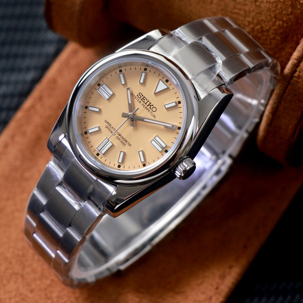ORA Oyster Perpetual-style Seiko Mod watch, yellow dial, stainless steel, 36mm – worn on the wrist