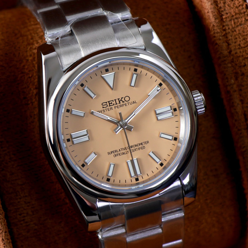 ORA Oyster Perpetual-style Seiko Mod watch, yellow dial, stainless steel, 36mm – side profile