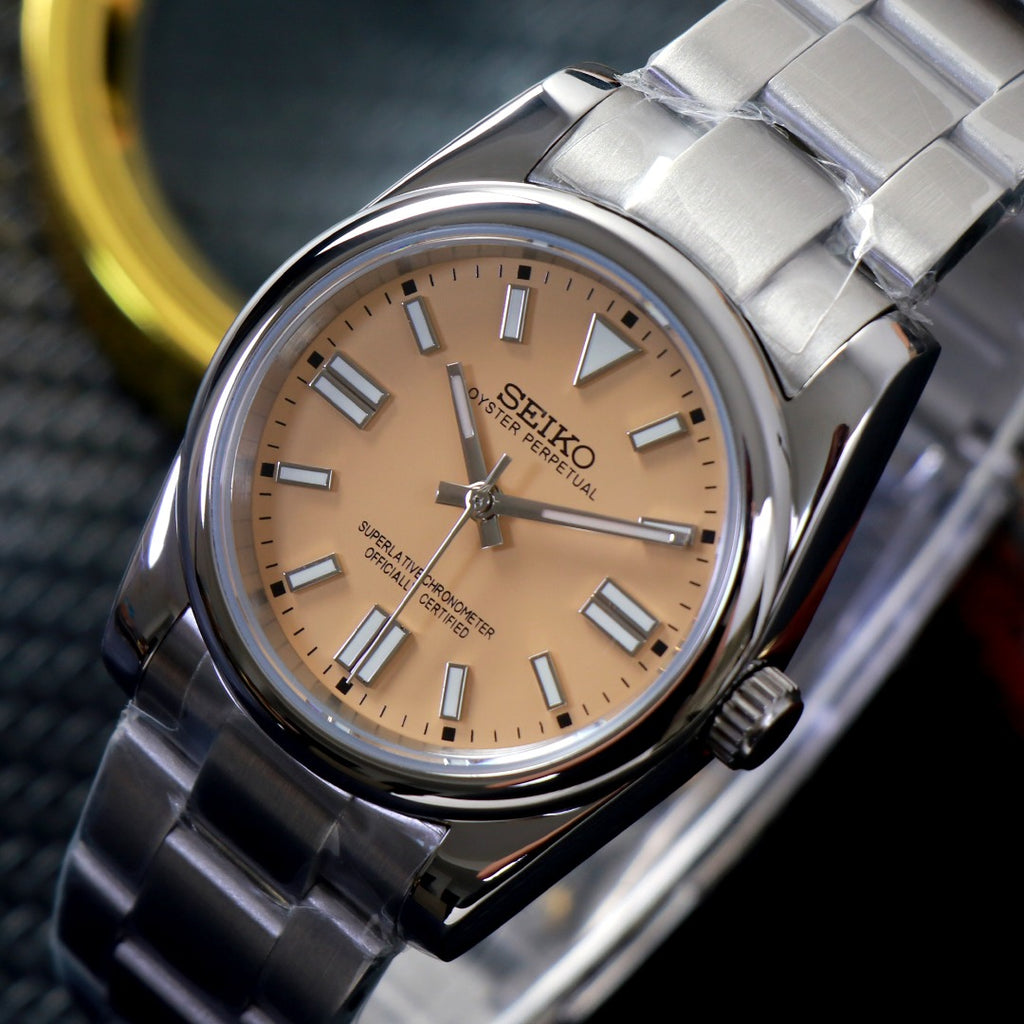 ORA Oyster Perpetual-style Seiko Mod watch, yellow dial, stainless steel, 36mm – front view