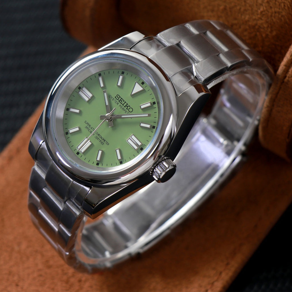 ORA Oyster Perpetual-style Seiko Mod watch, green dial, stainless steel, 36mm – worn on the wrist