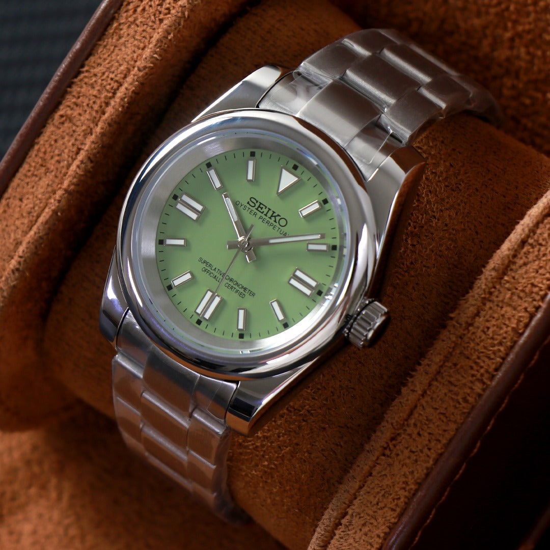 ORA Oyster Perpetual-style Seiko Mod watch, green dial, stainless steel, 36mm – case back detail