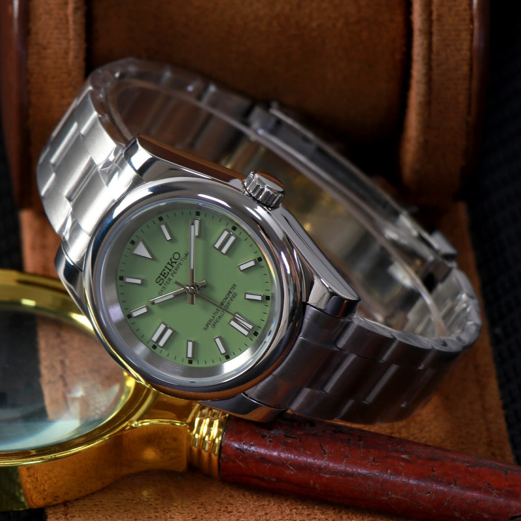 ORA Oyster Perpetual-style Seiko Mod watch, green dial, stainless steel, 36mm – angled view